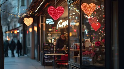 Obraz premium Romantic cafe at night with illuminated heart decorations. Perfect for Valentine's Day or romantic themes.