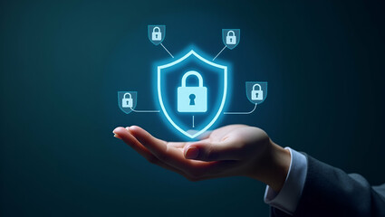 Secure Your Data: A Hand Holding a Floating Shield with Padlock Icons Illustrating Data Encryption and Protection in a Simple, Cute Vector Style for Smart Business Solutions