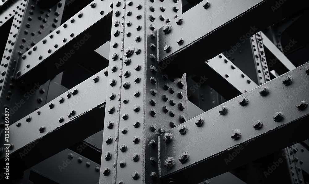 Poster abstract view of robust metal framework with textured bolts and rivets showcasing industrial constru