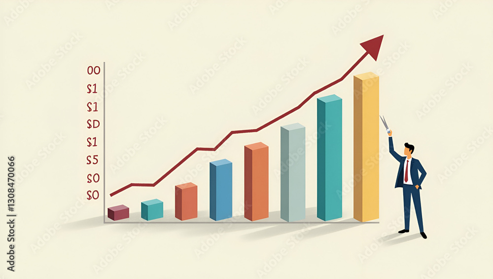 Aufkleber strategize budget cuts: visualize costs with a declining bar graph in business role play simulation