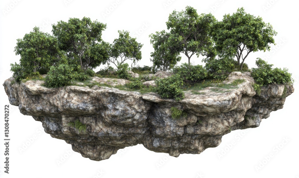 Poster floating island with trees and grass isolated on white for fantasy concepts
