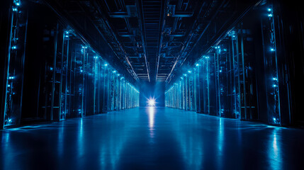 Futuristic Data: Inside a Server Room with a Bright Glowing End, Reflecting on the Floor