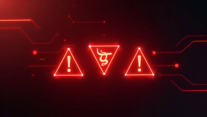 Red Flashing Warning Icons with Holographic Effects on Computer Screen: Critical Alerts Concept