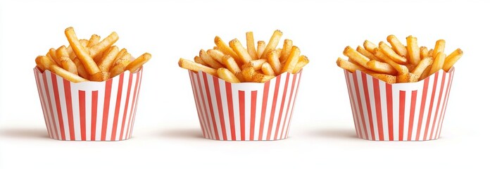 Obraz premium Three helpings of golden, crispy french fries in red paper containers with distinct striped patterns, set against a white backdrop