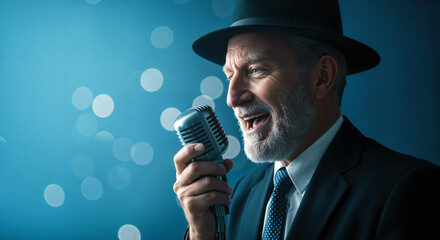 Naklejka premium A happy young old man singing with a vintage microphone at an isolated blue bokeh background