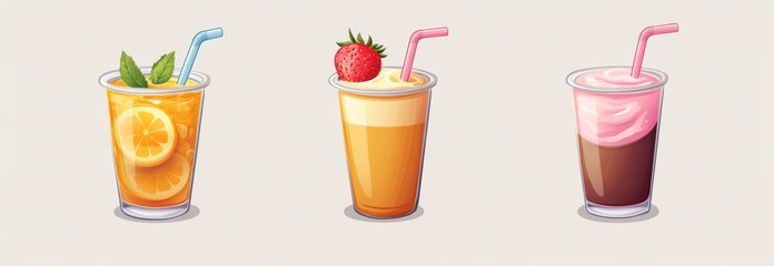 A trio of drinks in glasses includes two iced teas and one pink smoothie. Every drink is garnished, has ice cubes, and features a straw