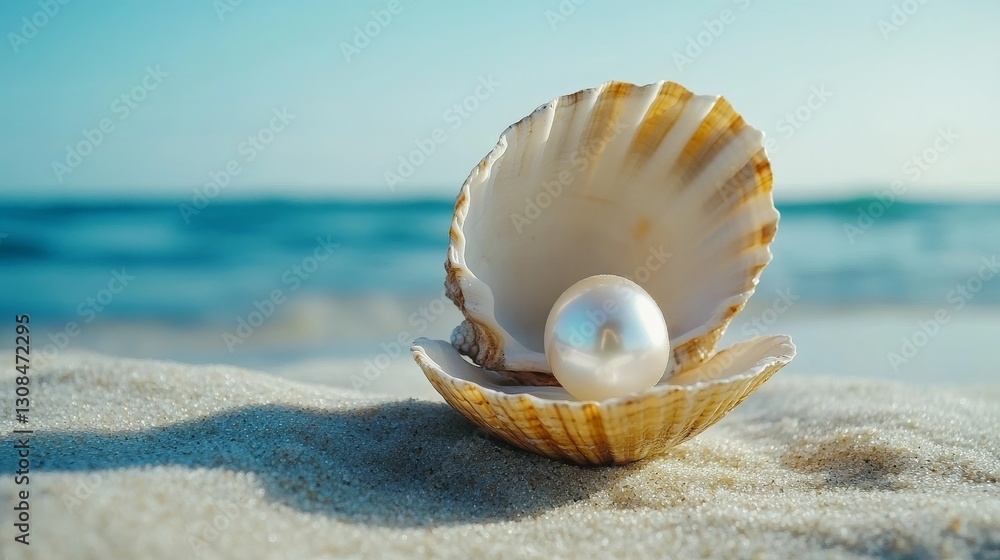 Poster a close-up of an open seashell with a shiny pearl nestled inside, placed on soft sand against a blur