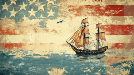 Festive Columbus Day Banner: Retro Design with Grunge Background Featuring Map, Eagle, Boat, and Earth Elements