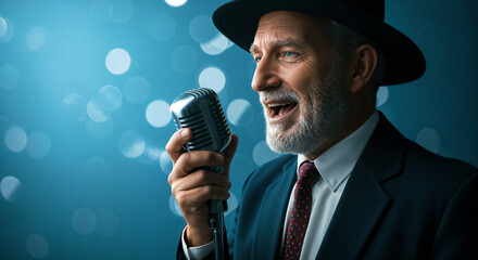 Naklejka premium A happy young old man singing with a vintage microphone at an isolated blue bokeh background