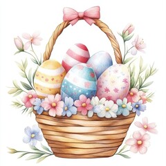 Fototapeta premium Floral Adorned Easter Eggs Arrangement in a Basket with a Pink Ribbon for a Spring Celebration