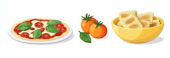 The meal included three items: fried rice balls arranged on a plate, a pizza sliced with tomatoes and basil, and a mound of yellow filled pasta