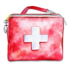 First Aid Kit with Handle and White Cross Against Red Background for Medical Emergency and Safety