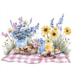 Floral Delights Picnic Still Life with Pastries and Drinks Illustration Watercolor Painting Style