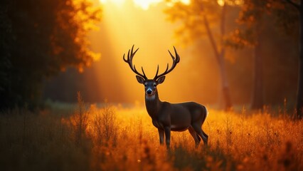 A majestic deer stands in a sunlit meadow, surrounded by golden grasses and trees, creating a serene and picturesque scene.