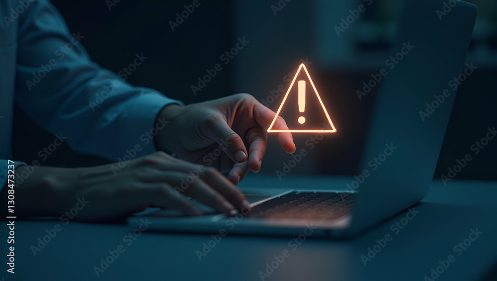Poster hand interacting with holographic alert triangle hovering above a laptop concept as hand engaging wi