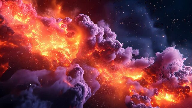 A vibrant cosmic nebula with bright glowing stars and deep cosmic colors of purple, orange, and blue, creating a galactic scene.