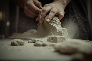 Person's hands working on a clay sculpture. The sculpture appears to be made of a light-colored material, possibly clay or porcelain, and is in the process of being sculpted.