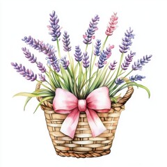 Obraz premium Lavender Arrangement in Wicker Basket Adorned with Pink Bow Artistic Floral Display Peaceful Scene