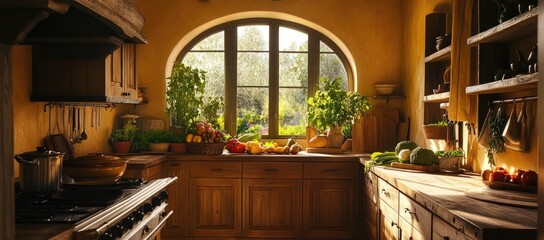 Sunlit Rustic Kitchen with Arch Window