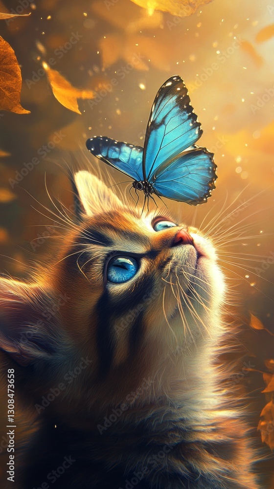 Poster a close-up of a curious kitten mesmerized by a blue butterfly hovering nearby, set against a blurred