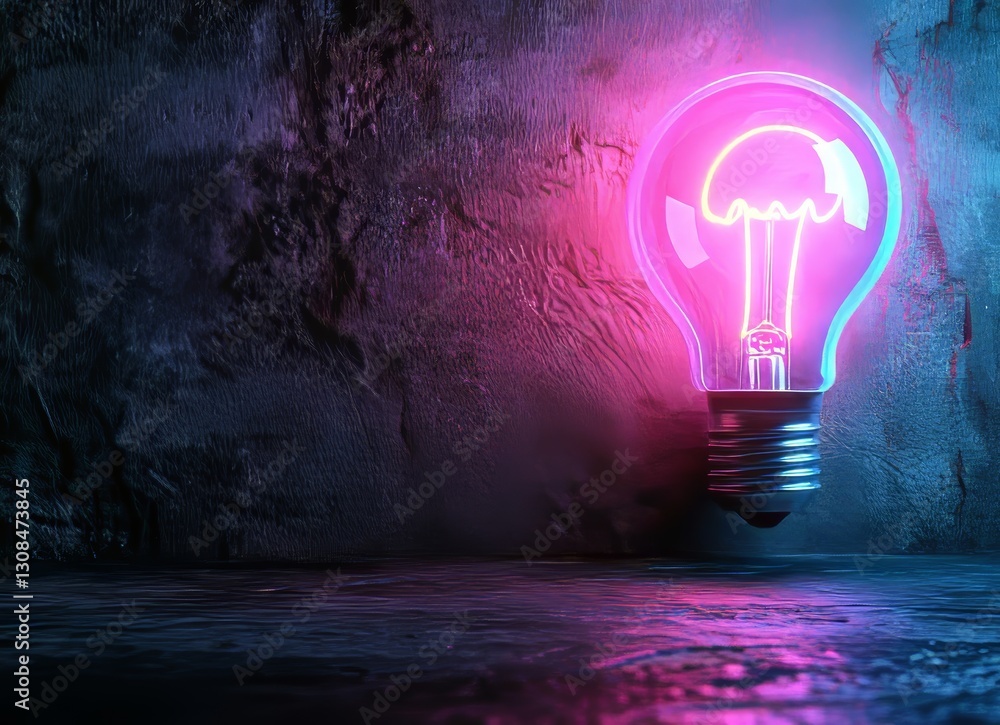 Poster a lively neon light bulb with multicolored rays and a triangle in a double exposure effect, contrast