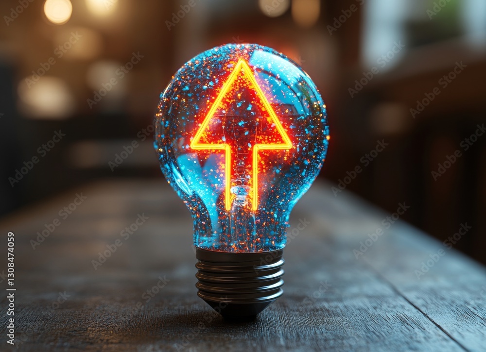 Poster a vivid double exposure scene showing a bright arrow bursting forth from a lightbulb, embodying inno
