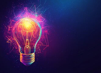 In a double exposure image, a radiant light bulb emits vivid neon streaks and arrows on a dark canvas, illustrating the concept of bright ideas and innovation