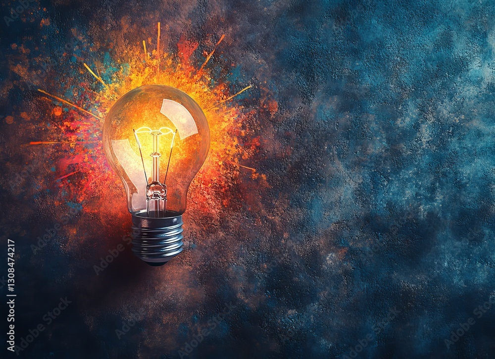 Poster a double exposure photograph featuring a lively lightbulb shape created by colorful rays, radiating 
