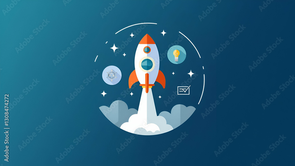 Aufkleber a rocket icon and chart for role play promoting future oriented strategies to push digital upgrades 