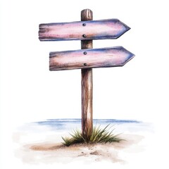Naklejka premium Rustic Wooden Arrow Signpost on a Sandy Beach with Grass Indicating Direction Choices Ahead Art Piece