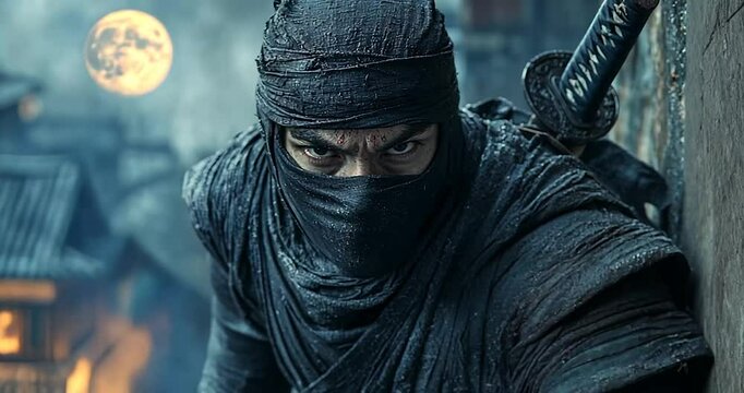 Ninja stealth action, night scene, ancient town, possible movie poster, or gaming image