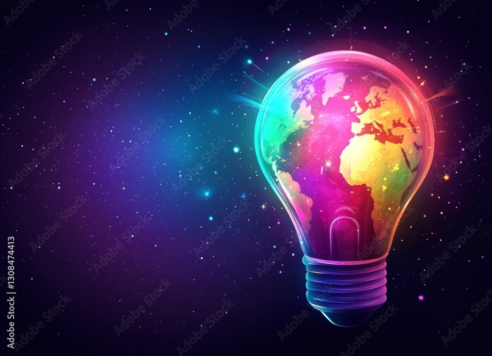 Poster double exposure artwork displaying a bright globe contained within a light bulb, exuding vibrant ene