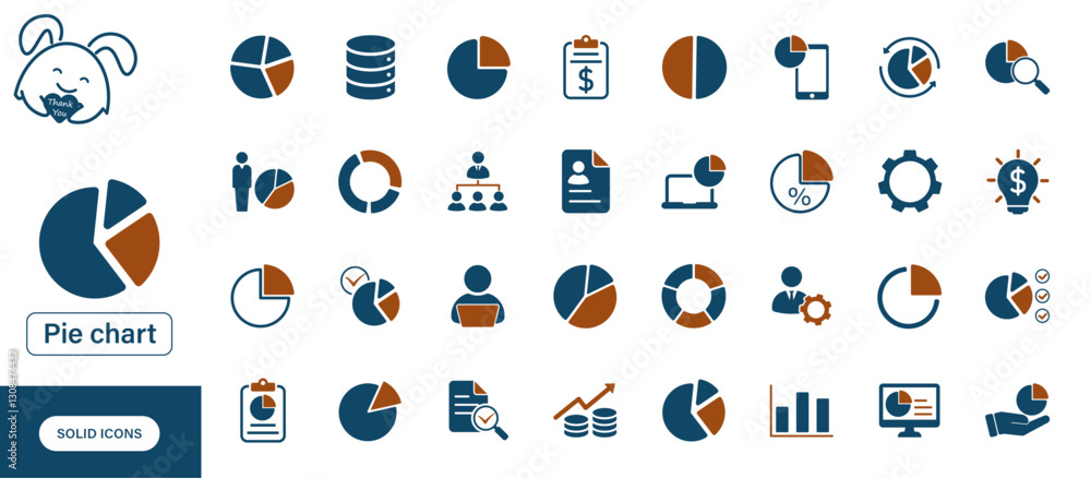 Poster set of solid vector icons representing pie charts, data analysis, business, and statistics, designed