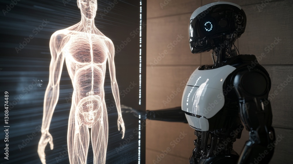 Poster a sleek robot interacts with a holographic projection of human anatomy, showcasing the integration o