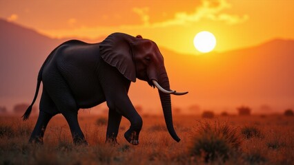 A majestic elephant walks through the savannah at sunset, creating a stunning silhouette against the vibrant sky.
