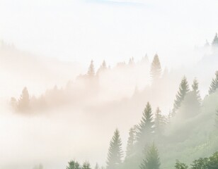 Fototapeta premium peaceful mountain landscape with mist rolling over pine trees, in a soft, muted color palette perfect for backgrounds