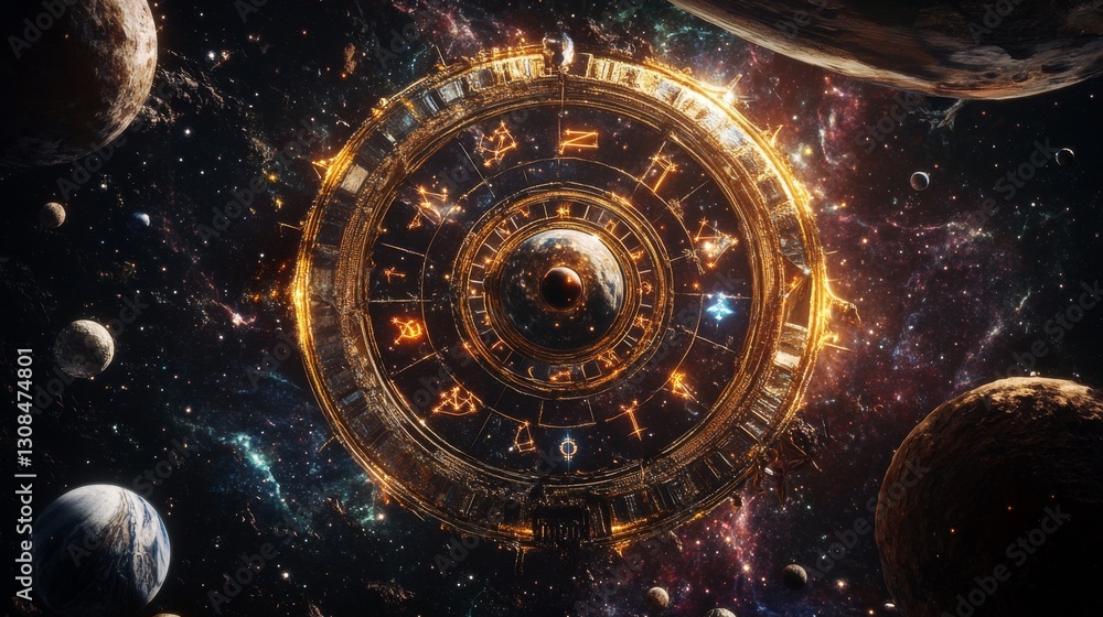 Poster a stunning depiction of a golden celestial clock with intricate details, surrounded by planets and s