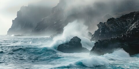 Powerful Waves Crashing Against Dramatic Coastline