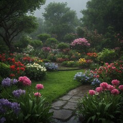 Fototapeta premium japanese garden with flowers