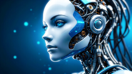 Profile close up of beautiful robot with female face. Dark abstract background with floating blue particles.	
