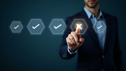 Flat Professional pointing at a glowing approval and rejection interface with check and cross icons concept as Approving or rejecting decisions using futuristic holographic tools in  Simple flat cute 