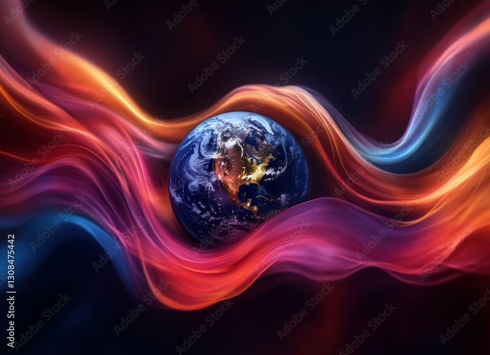 Poster an abstract image featuring a glowing globe and vibrant light streaks on a dark backdrop, resulting 