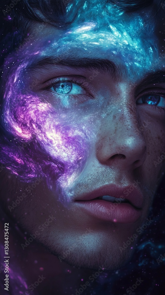Poster mystical close-up portrait of a man with luminous galaxy-inspired features, blending surrealism and 