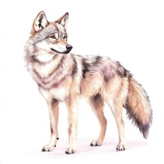 Obraz premium Watercolor Illustration of a Standing Wolf with Detailed Fur Texture and Natural Posture on White