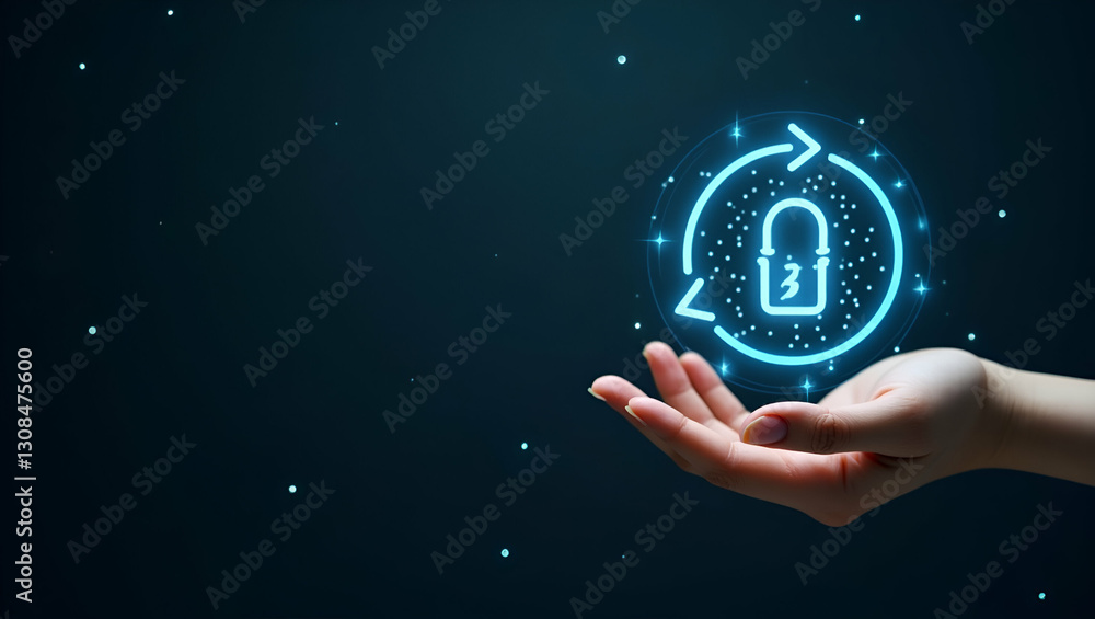 Poster hand holding holographic process icon: streamlined low code development in clean space background