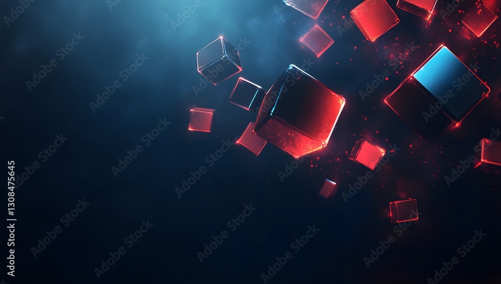 Poster floating glowing cubes in dark space