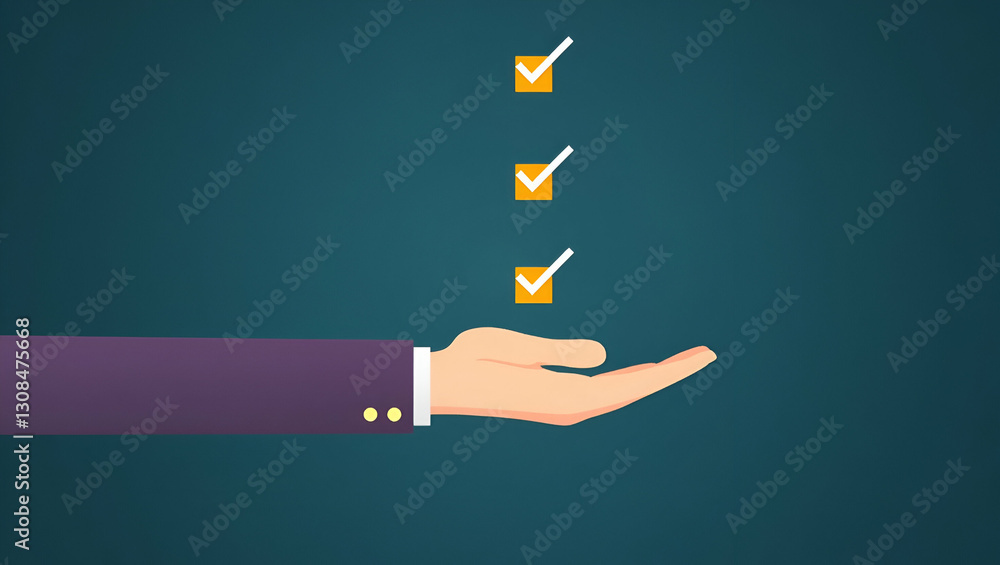 Poster seamless workflow approvals: hand selecting floating checkmarks in stock photo concept