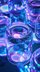 Abstract glass containers with vibrant blue and purple lighting effects.