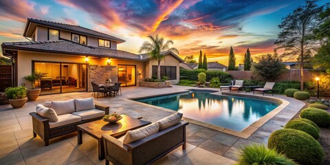 Obraz premium Sunset Luxury Backyard Pool Hot Tub Patio Modern House Vintage Photo