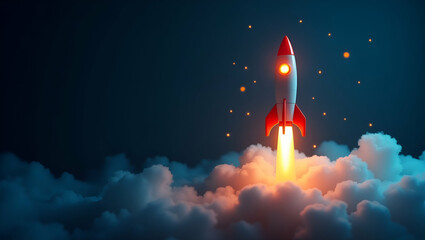 Glowing rocket symbolizing growth innovation and startup success in a futuristic business environment. concept as A luminous rocket representing growth innovation and startup success within a high tec